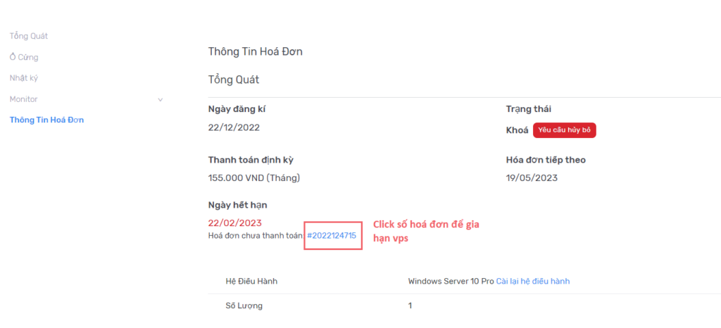 Gia hạn VPS đã bị khóa do hết hạn