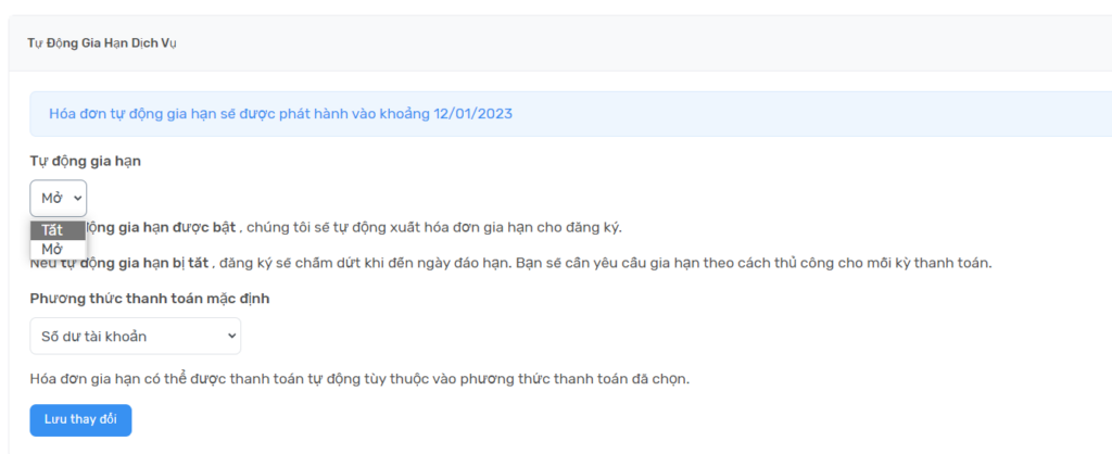 Cài đặt gia hạn tự động