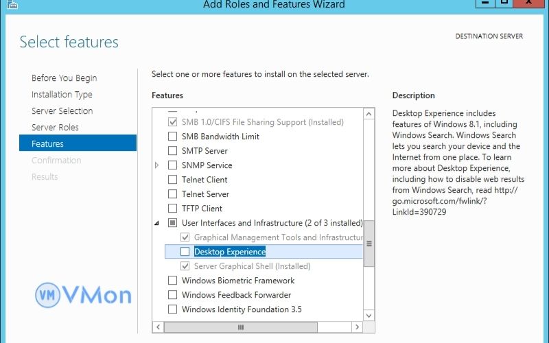 Chọn desktop experience như ảnh