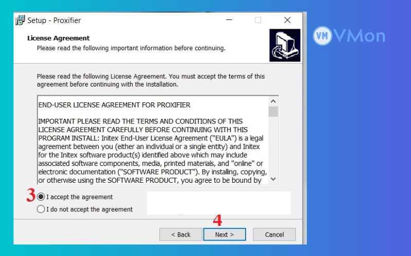 Chọn đồng ý với điều khoản sử dụng và chọn next