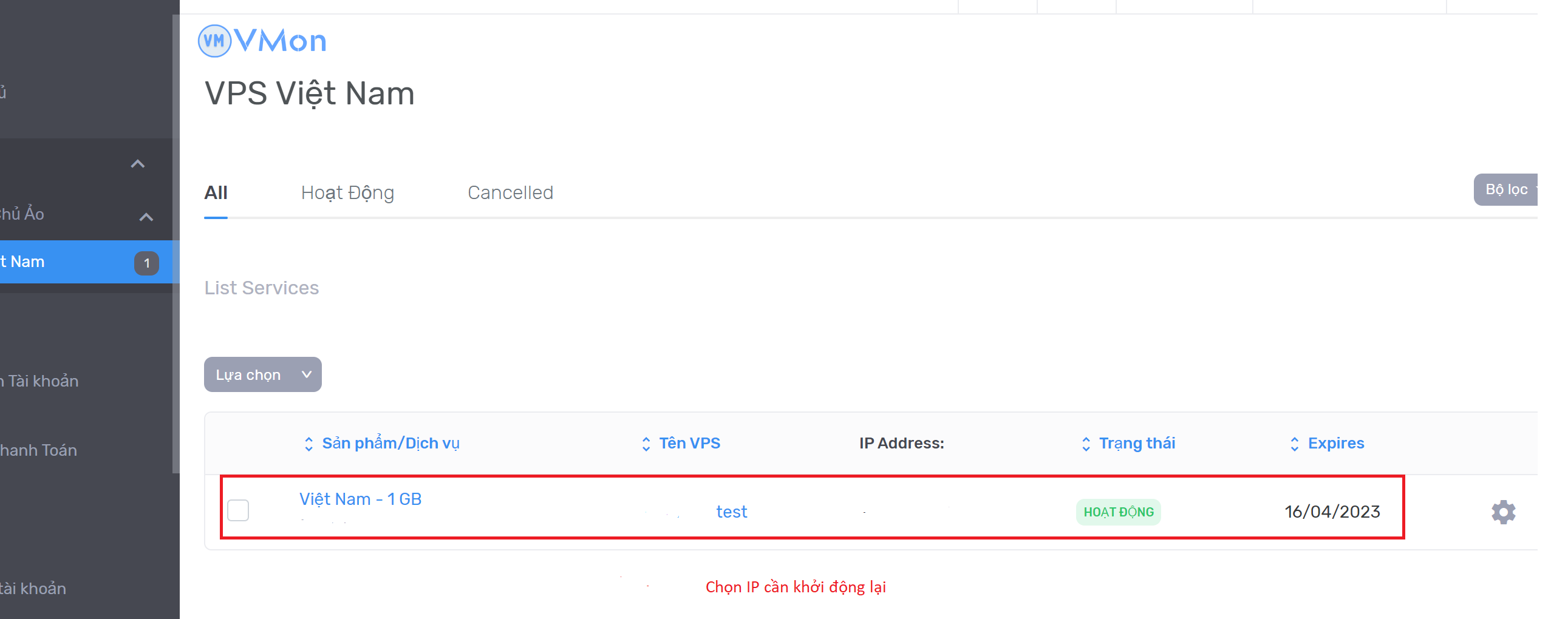 Ảnh 1 - Chọn IP cần khởi động lại