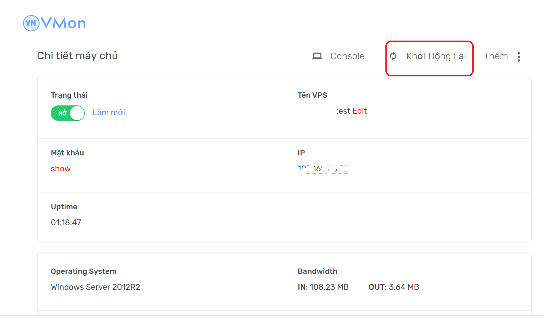 Ảnh 2 - Khởi động lại VPS