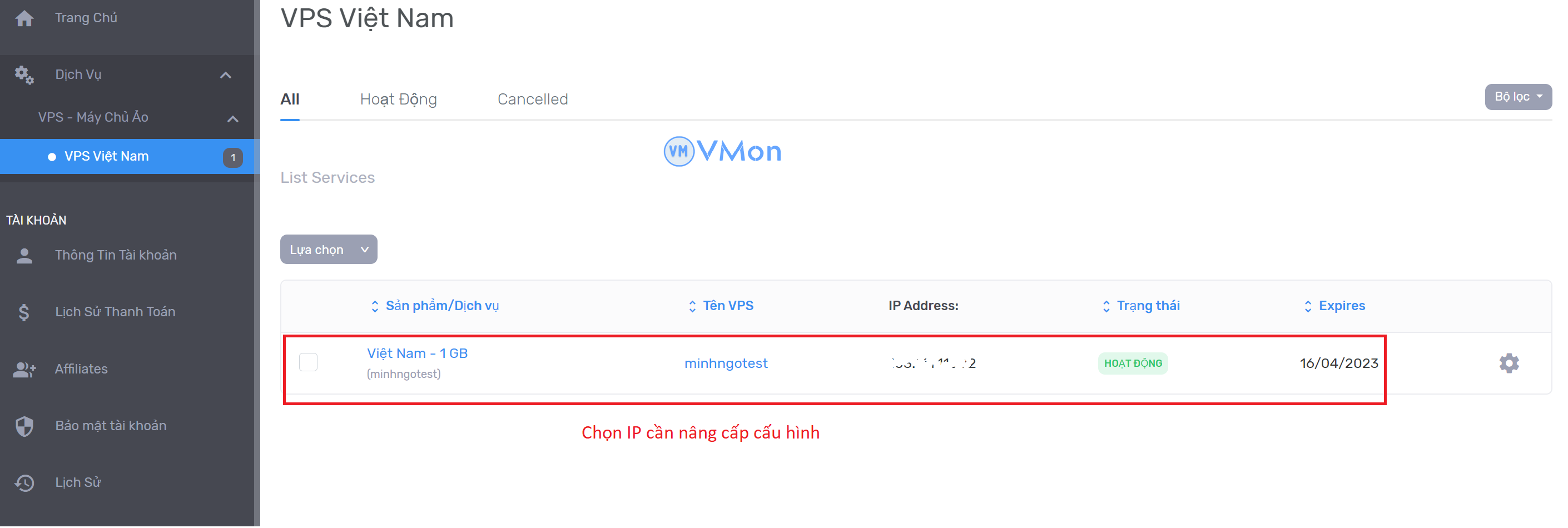 Ảnh 1 - Chọn IP cần nâng cấu hình