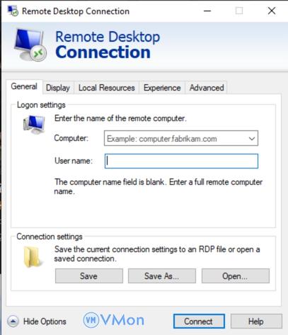 General tab remote desktop