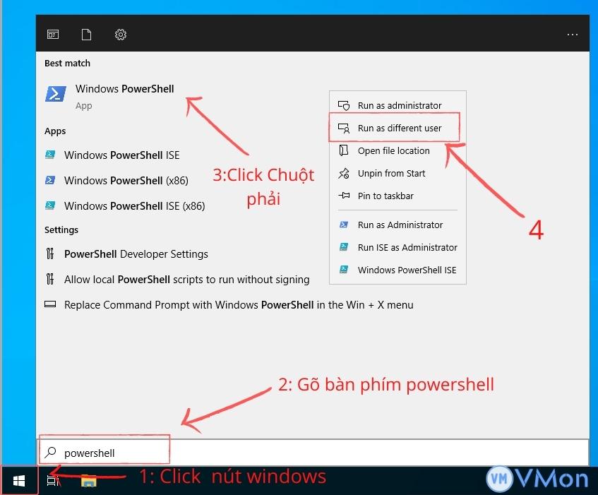 Mở powershell quyền Administrator