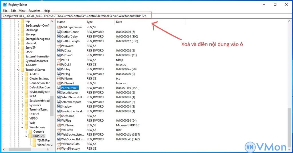 Mở rdp tcp registry