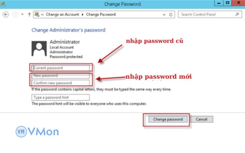 Chọn change password để kết thúc việc đổi pass vps
