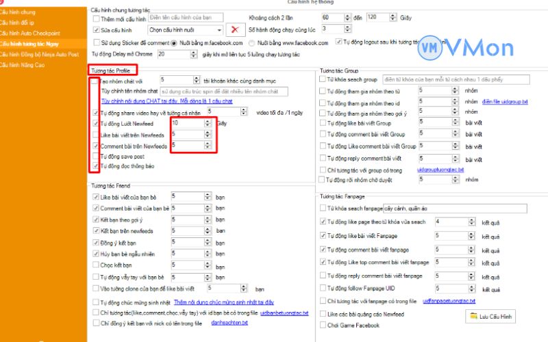 Thiết lập tương tác profile